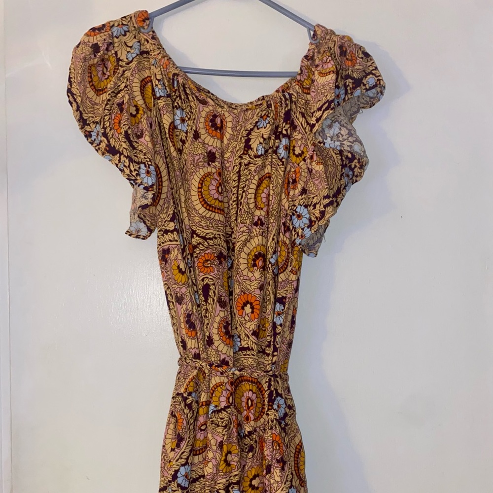 XS Patterned multicolor loose mini dress with tassel-tie